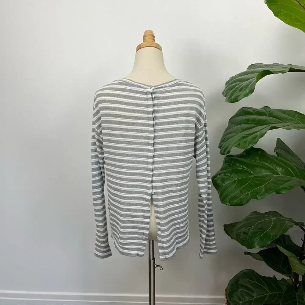 Reiss White Grey Striped Knit Tee Button Back Small - Picture 9 of 12